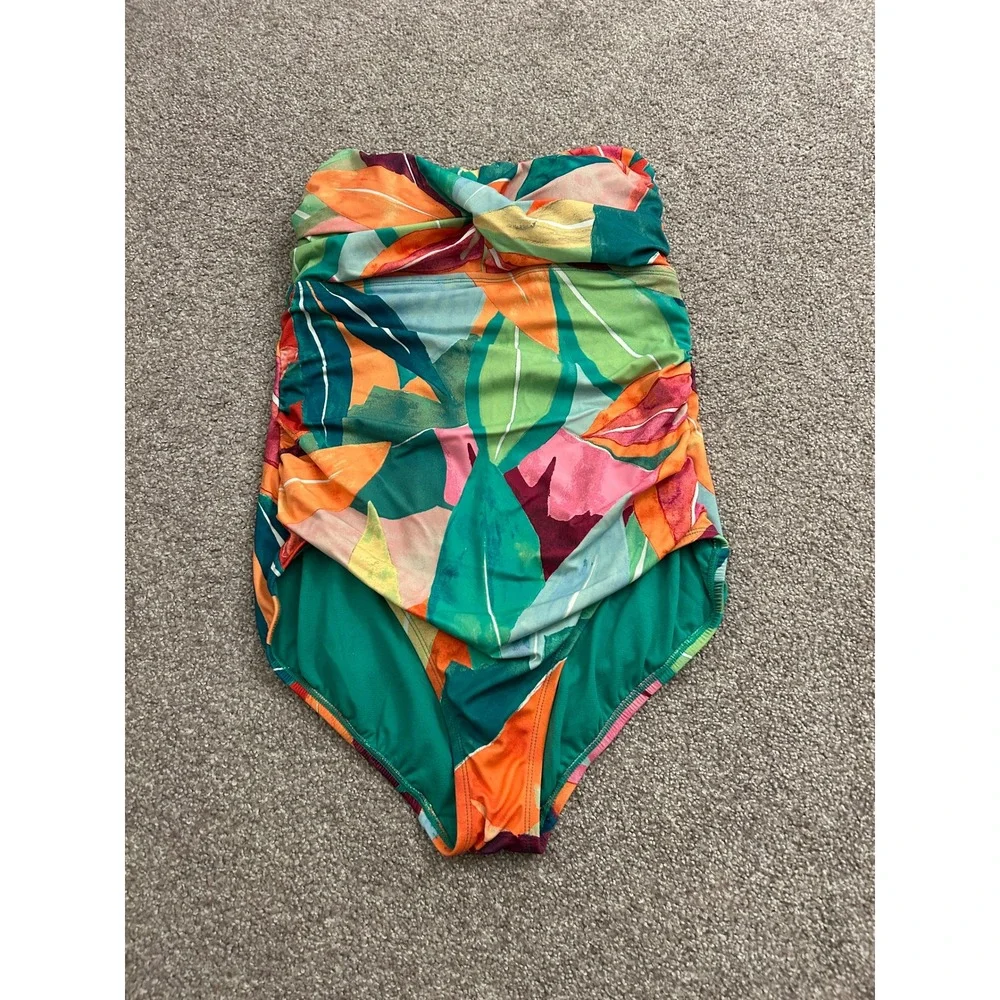 Time and Tru One Piece Swimsuit Womens Large 12-14 Green Tropical Leaf Excellent